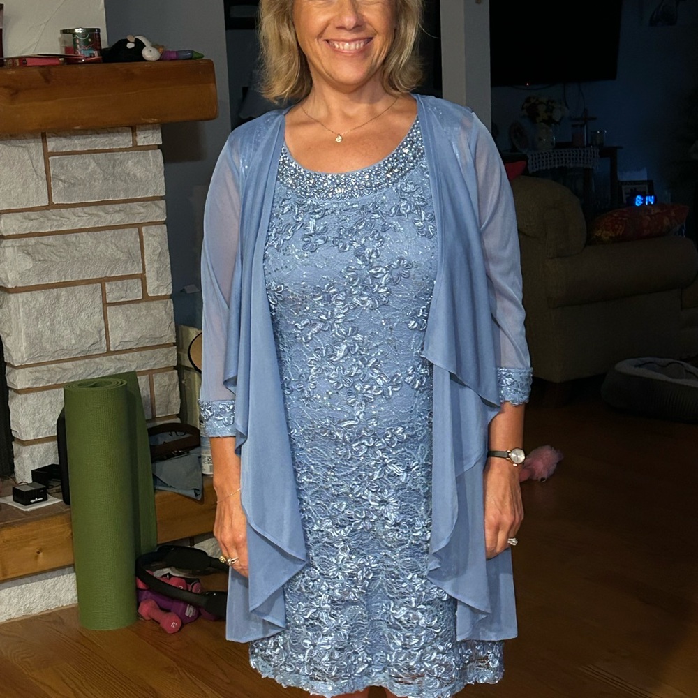 R&M Richards Blue Lace Dress with Beaded Neckline